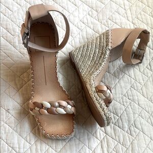 Nude Braided Espadrille Wedge Sandals with Ankle Strap